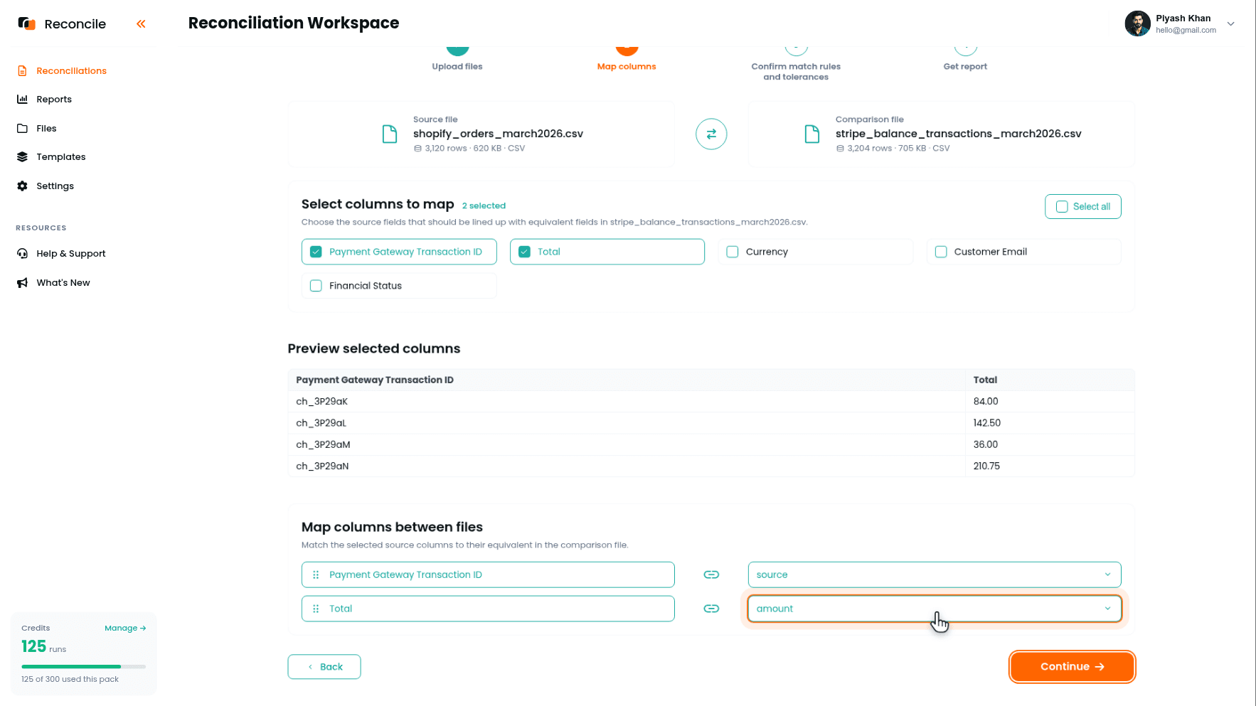 the Map columns step with Payment Gateway Transaction ID paired to source, and Total paired to amount, with sample charge IDs visible in the Preview selected columns table