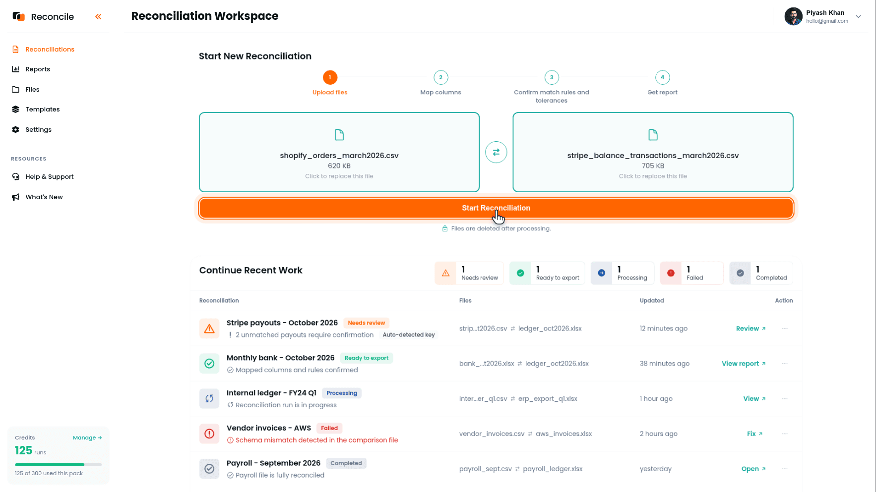 the Start New Reconciliation card with the Shopify orders CSV in the Source file slot and the Stripe balance transactions CSV in the Comparison file slot