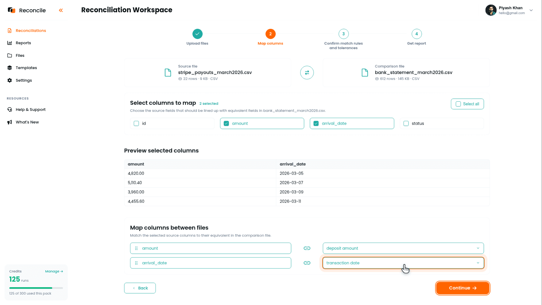 the Map columns step for the payout reconciliation, with the Stripe payout amount paired to the bank deposit amount and arrival_date paired to the bank date column