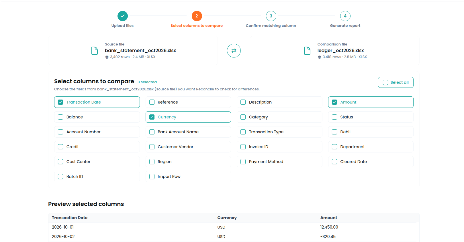 Mapping step: choose the columns that matter and line up their equivalents across both files.
