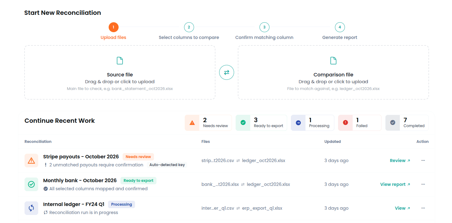 Upload step: drag and drop your source files to start reconciliation.