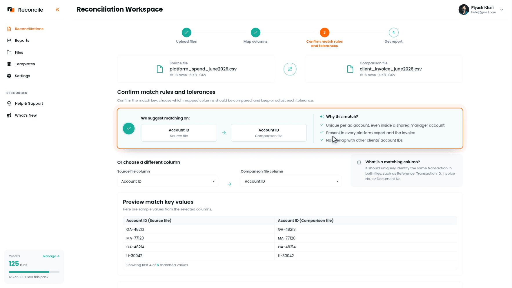 the Confirm match rules and tolerances step with the account ID pair in the We suggest matching on card and the Preview match key values table below