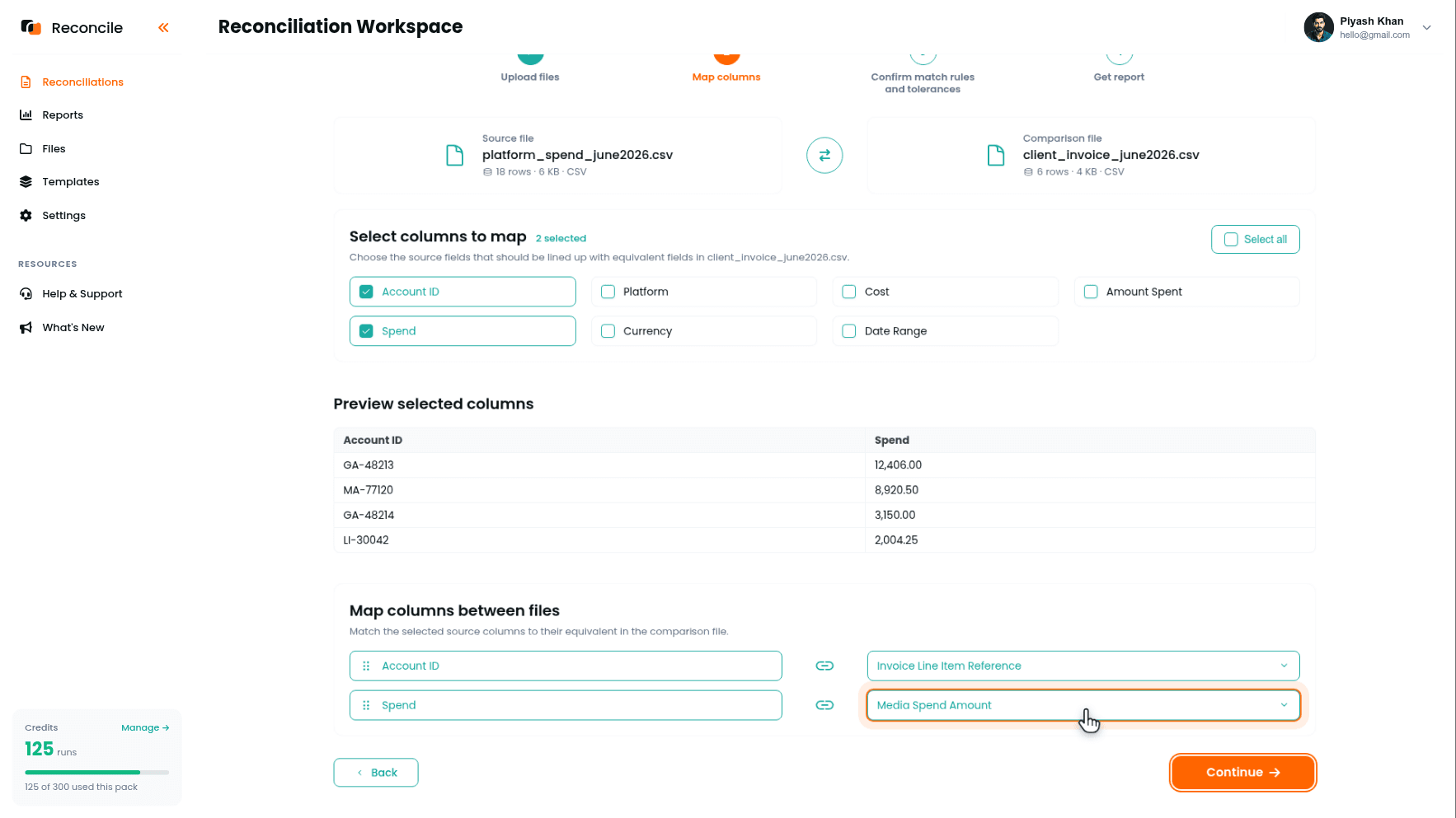 the Map columns step with the spend column paired to the invoice's media spend amount and the account ID paired to the invoice line item reference