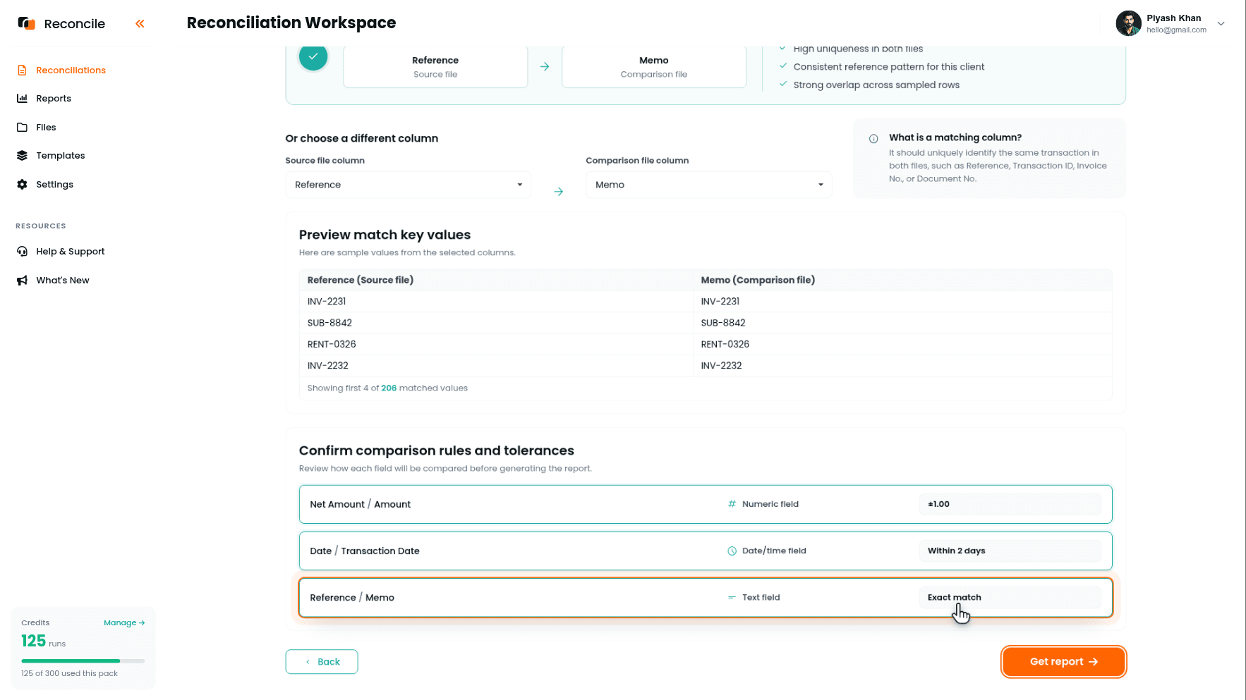 the Confirm match rules and tolerances step for one client, with the tolerance rows showing the date, numeric, and text rules being kept or adjusted