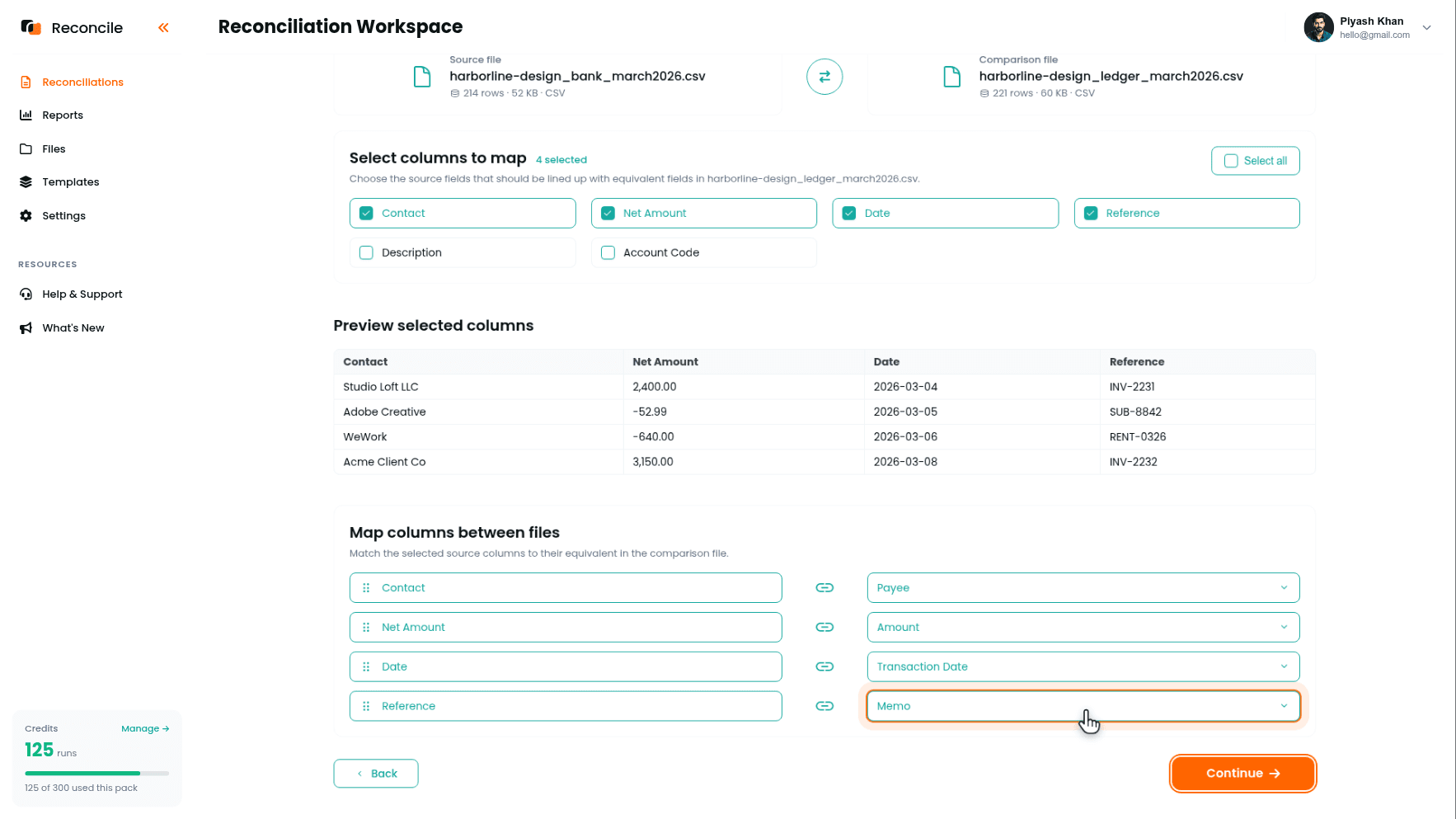 the Map columns step for one client, with their columns ticked in Select columns to map, sample rows in Preview selected columns, and bank fields paired to ledger fields under Map columns between files