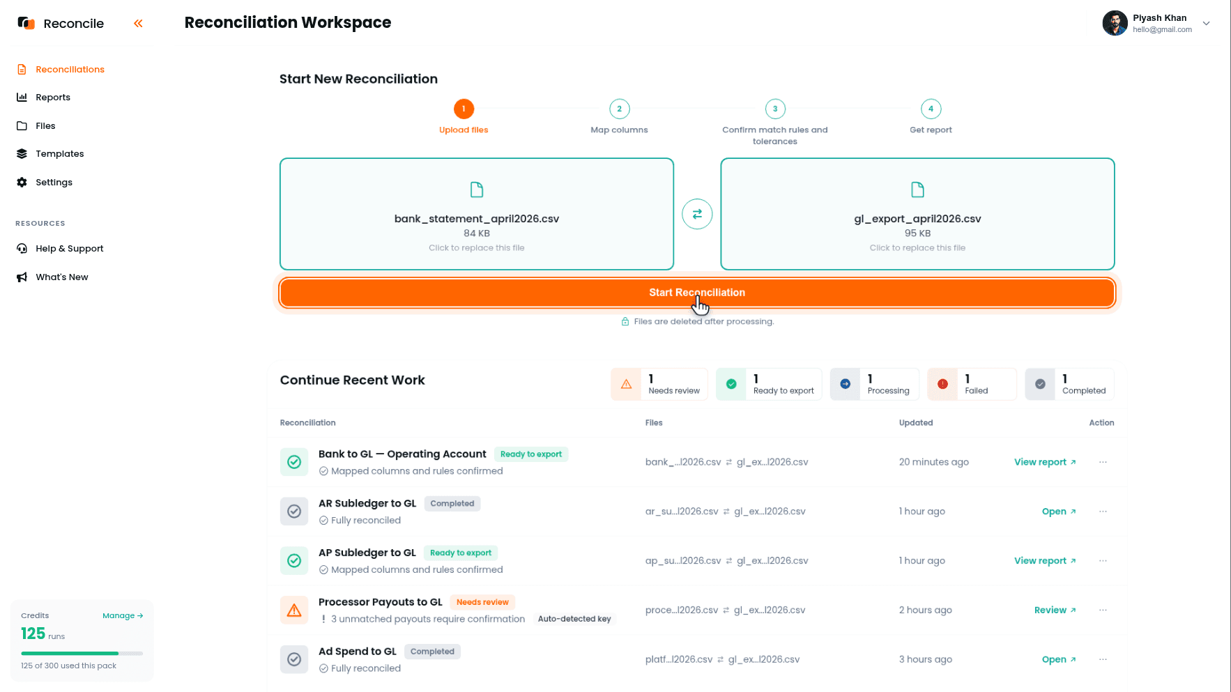 the workspace list with each close reconciliation on its own row, statuses showing Ready to export and Completed