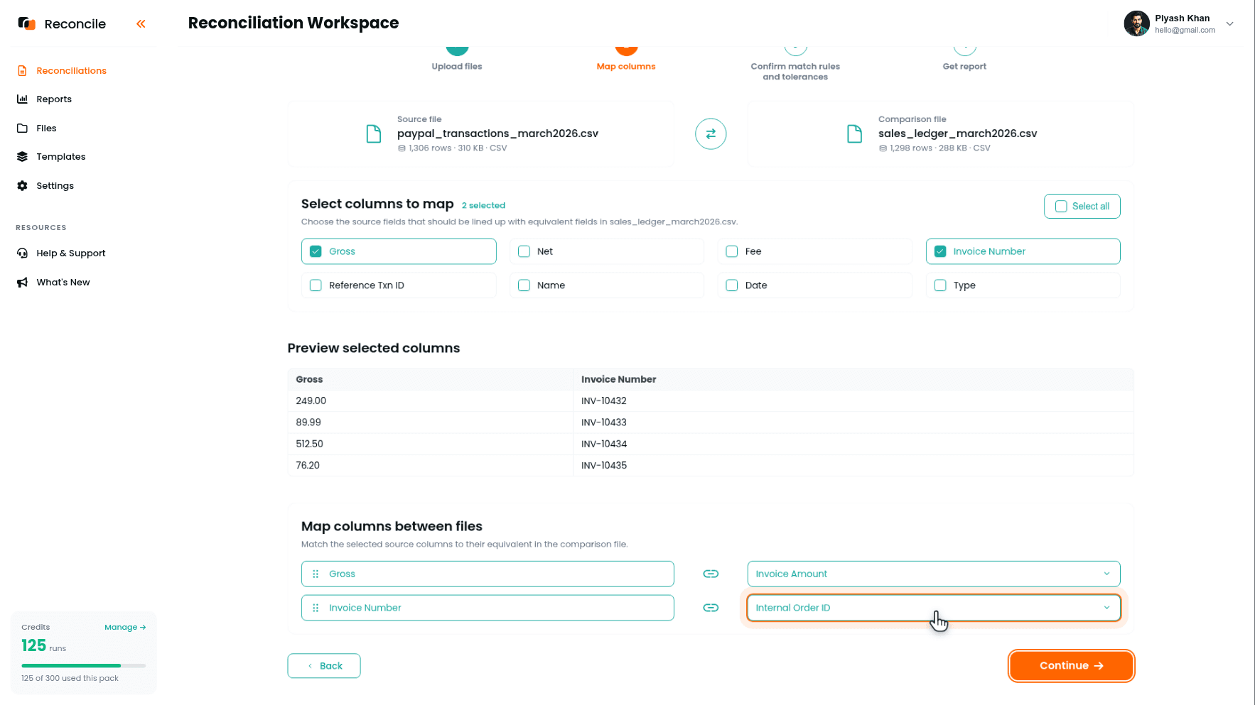 the Map columns step for the transaction pass, with Gross paired to the invoice amount and Invoice Number paired to the internal order ID, and Fee, Net, and Name left unticked