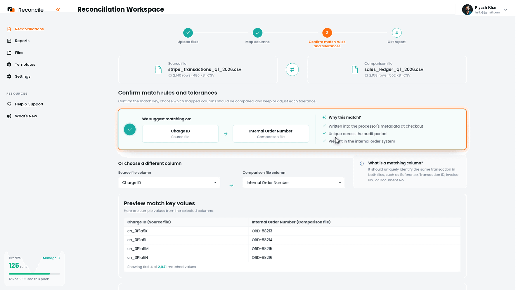 the Confirm match rules and tolerances step with the We suggest matching on card, the Why this match? reasons, and the Preview match key values table