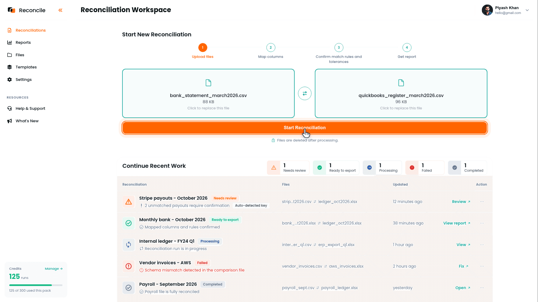 the Start New Reconciliation card with the bank statement in the Source file slot and the QuickBooks register export in the Comparison file slot