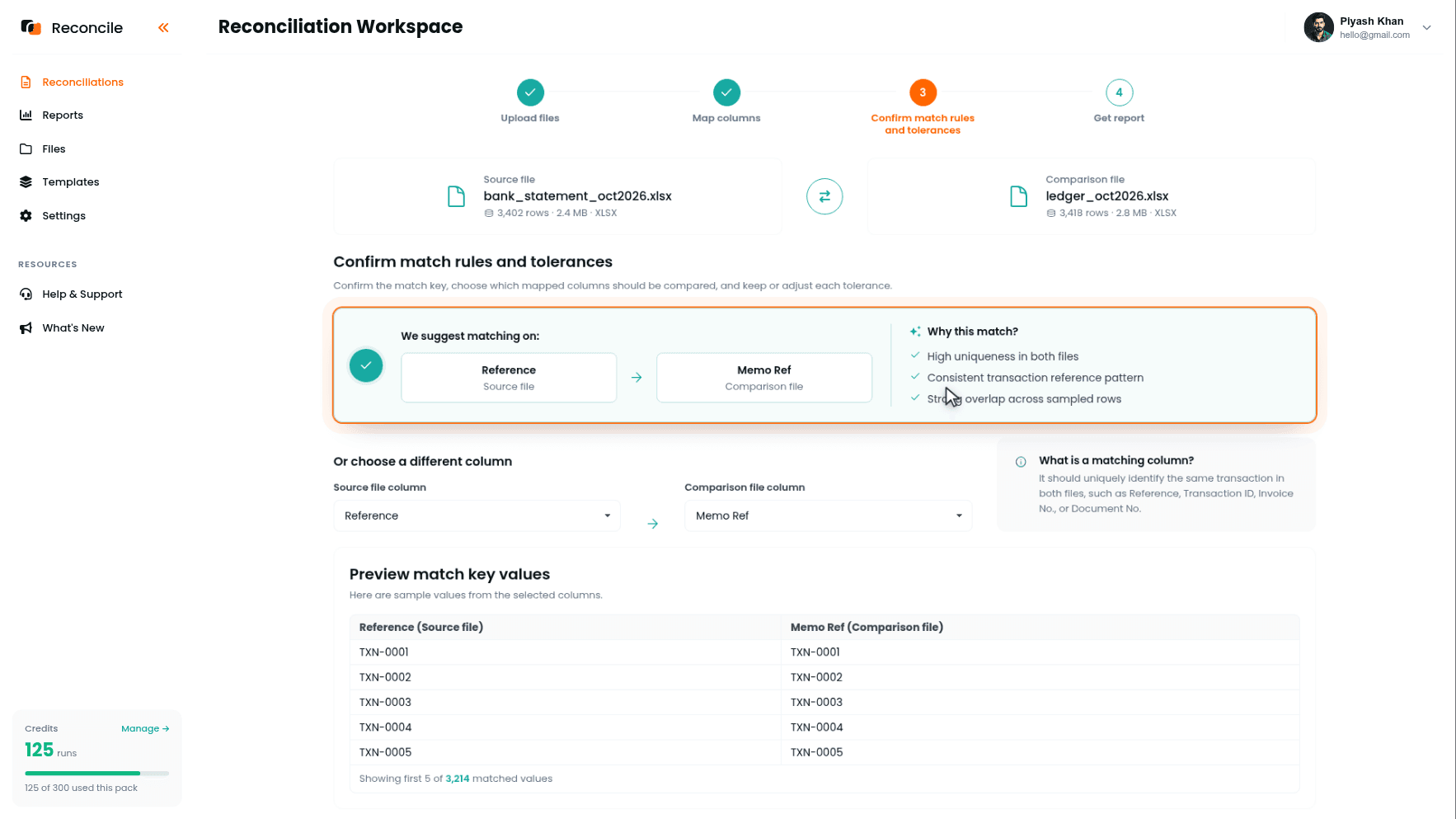 the Confirm match rules and tolerances step with the We suggest matching on: Reference → Memo Ref card, the Why this match? reasons, and the Preview match key values table showing matched sample values